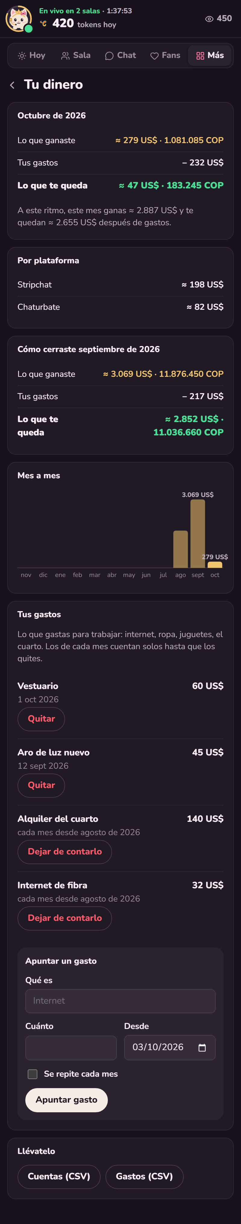 Pantalla Tu dinero: lo ganado en octubre, los gastos y lo que te queda, también en pesos colombianos